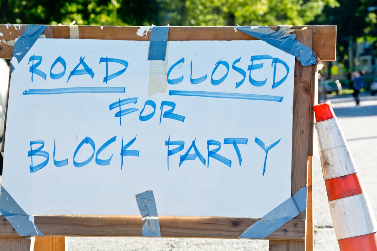 Block party sign on street